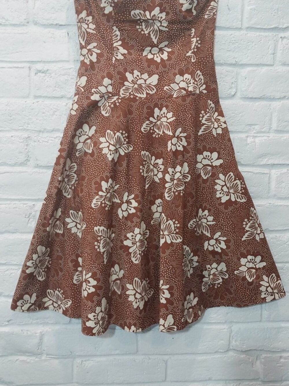 TABITHA Anthropologie Strapless Dress 6 S Brown Floral Fit Flare Cotton Lined - Picture 6 of 13